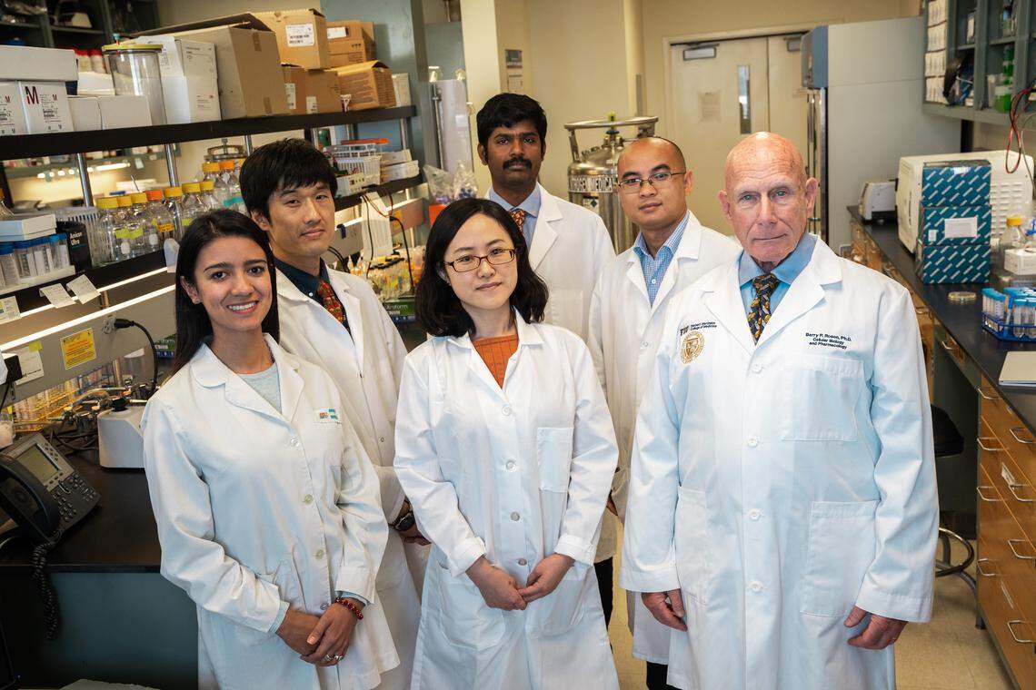 Florida International University’s team of researchers from the Herbert Wertheim College of Medicine, along with a team of scientists in Japan, discovered a new arsenic-based broad-spectrum antibiotic called arsinothricin or AST. FIU researchers are (left-right) Adriana Emilce Galvan, Masafumi Yoshinaga, Kunie Sakurai, Venkadesh Sarkarai Nadar, Jian Chen and Barry Rosen. They were photographed in Rosen’s lab at Herbert Wertheim College of Medicine.