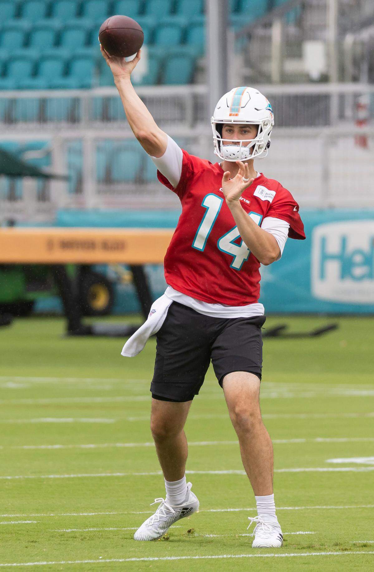 Miami Dolphins quarterback Mike White (14) throws the ball during team practice at the Baptist Health Training Complex on Tuesday, June 6, 2023, in Miami Gardens, Fla.