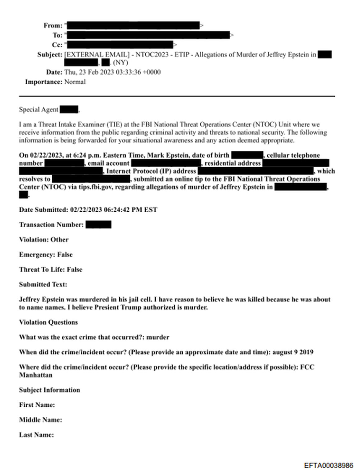 Mark Epstein, Jeffrey Epstein’s brother, sent a tip to the FBI claiming he was murdered.