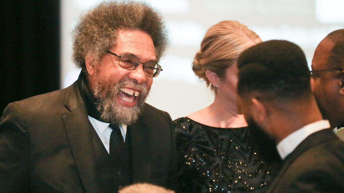 In 2022, Cornel West speaks with guests at the Oklahoma Conference of Churches’ No Hate in the Heartland 50th anniversary gala in Oklahoma City.