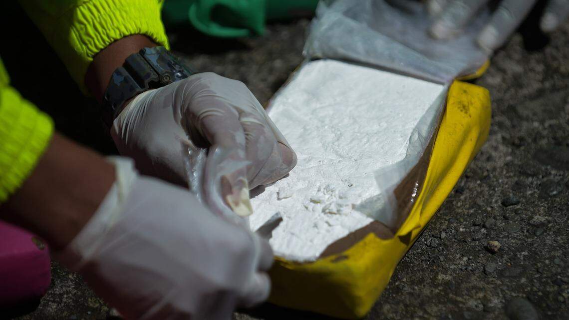 Members of the Colombian anti-narcotics police test cocaine from a pack of a one-ton shipment seized on August 10, 2017.