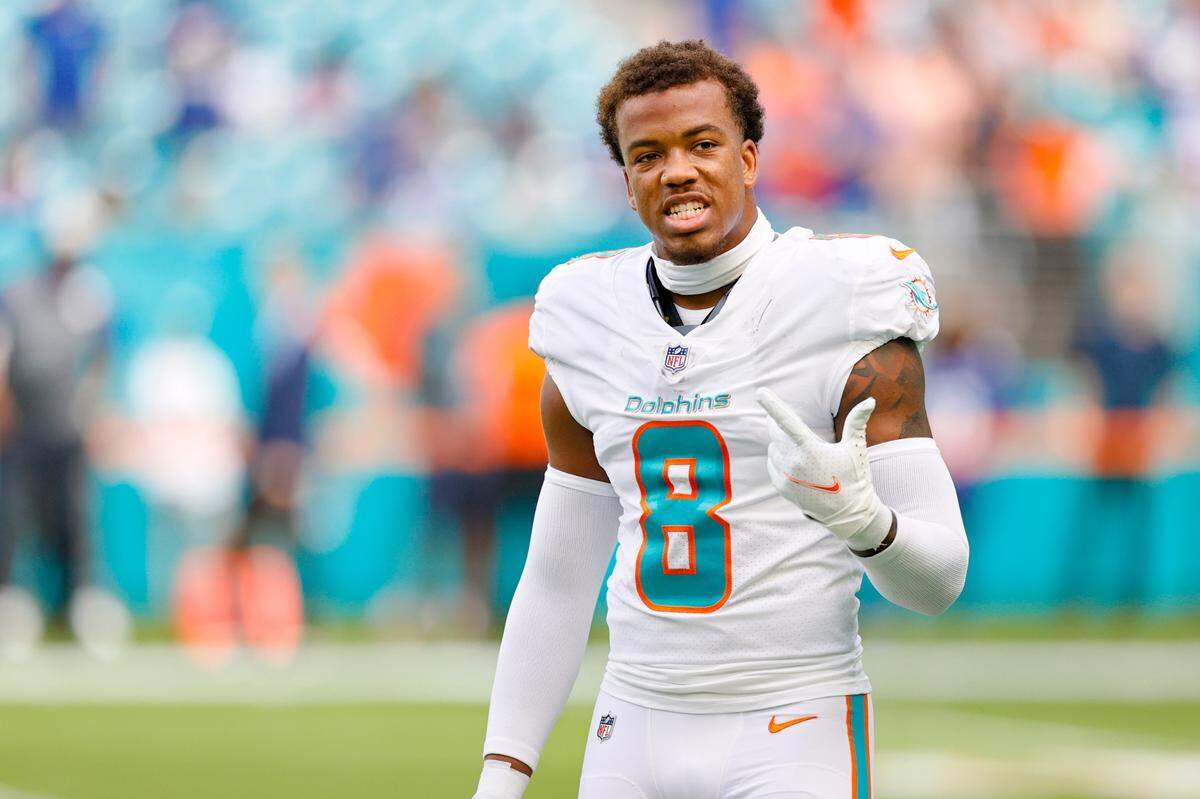 Miami Dolphins free safety Jevon Holland (8) looks on before the start of an NFL football game against the New York Giants at Hard Rock Stadium on Sunday, December 5, 2021 in Miami Gardens, Florida.