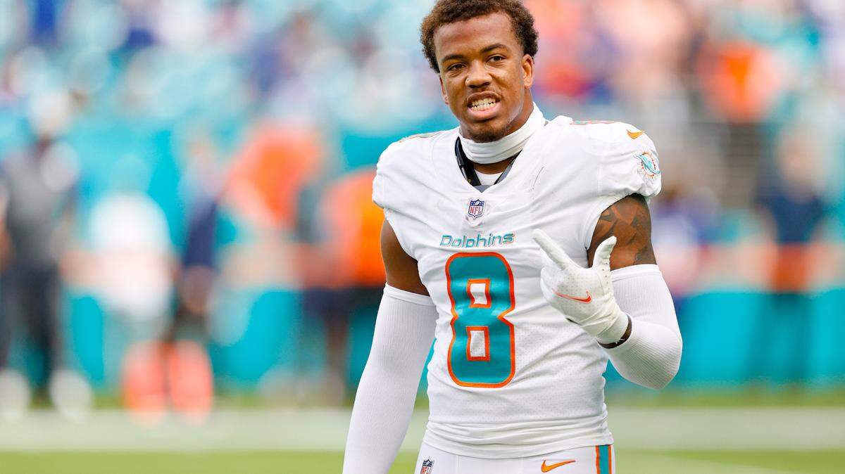 Miami Dolphins free safety Jevon Holland (8) looks on before the start of an NFL football game against the New York Giants at Hard Rock Stadium on Sunday, December 5, 2021 in Miami Gardens, Florida.