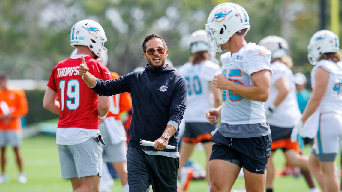 Miami Dolphins head coach Mike McDaniel gives introductions during the first day of Dolphins training camp at Baptist Health Training Complex in Hard Rock Stadium on Wednesday, July 27, 2022 in Miami Gardens, Florida.
