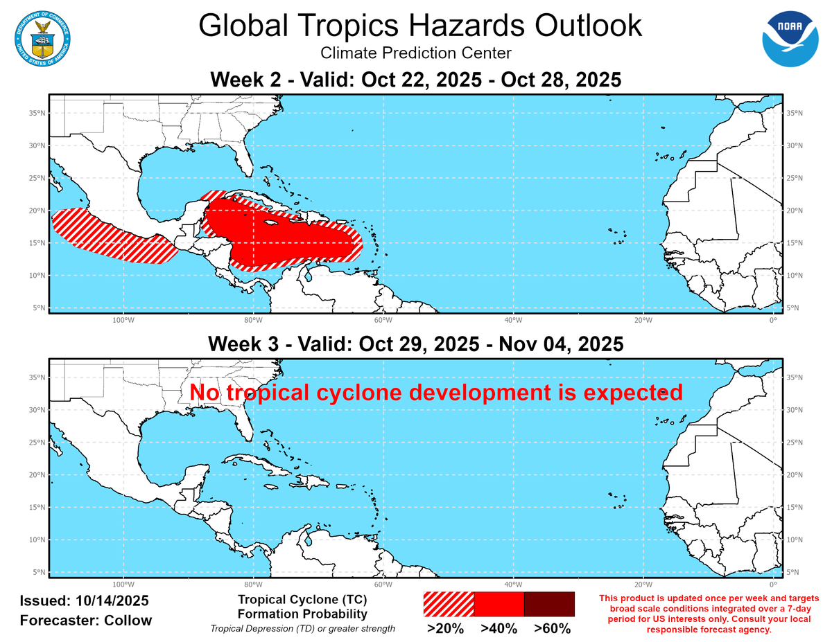NOAA’s climate prediction center suggests a 40% probability of a tropical storm or hurricane forming in the south Caribbean in the next week or so.