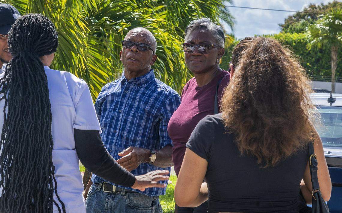 The family of Doreen Broadbelt, husband Donovan Broadbelt and daughter Shelley Ann Williams arrive home, a day after she was killed in an apparent dog attack that occurred in the area of Northwest 14th Court and Northwest 196th Terrace, in Miami Gardens as she was walking to her job at Walmart, on Labor Day, on Tuesday September 02, 2025.