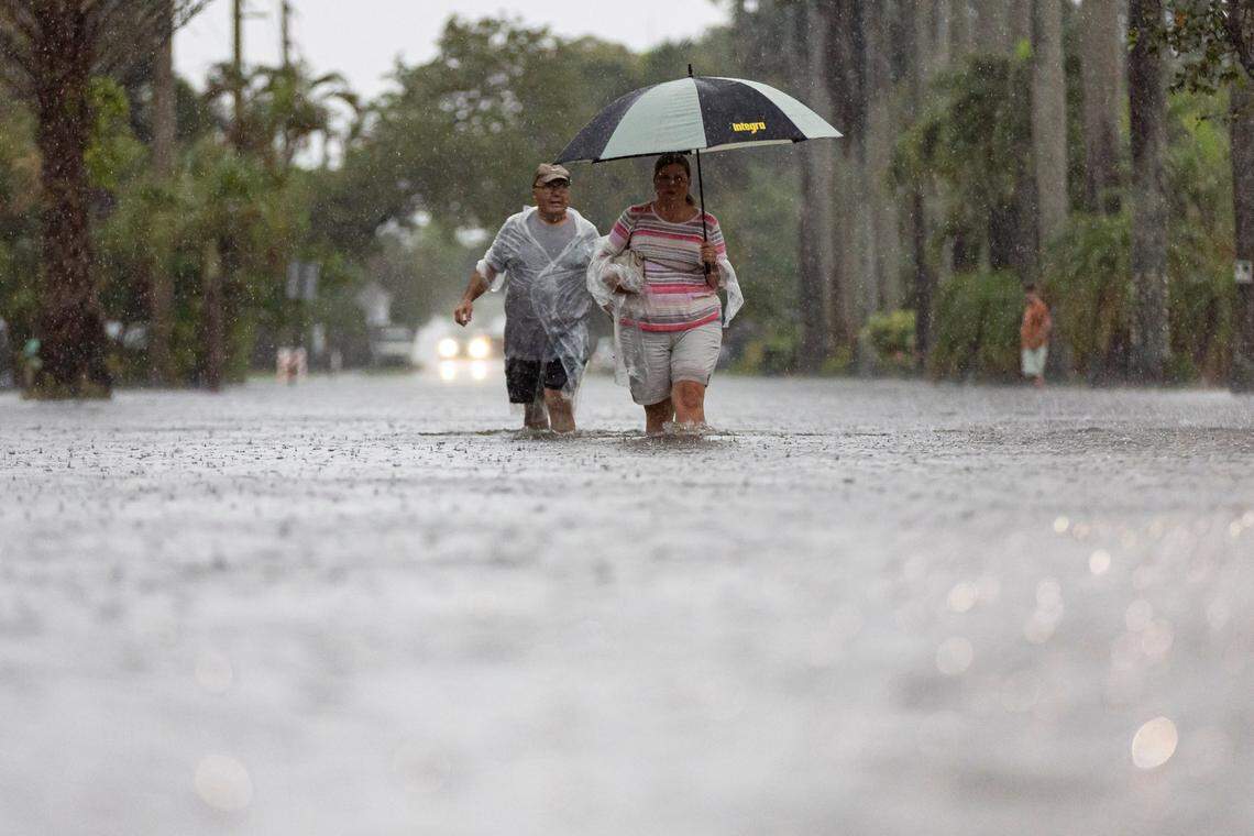 Heavier rains, combined with rising tides and groundwater levels, are making floods, like this one in Hollywood in June 2024, more common.