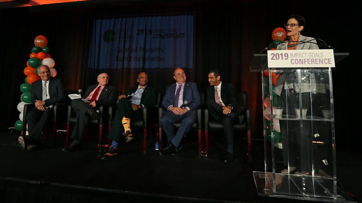 From left, Miami Beach Mayor Dan Gelber, Coral Gables Mayor Raul Valdes-Fauli, Miami Gardens Mayor Oliver Gilbert III, Doral Mayor Juan Carlos Bermudez and City of Miami Mayor Francis Suarez look on as moderator and Miami Herald business editor Jane Wooldridge asks questions during the Mayors forum at the IMPACT Goals Conference on Thursday, June 13, 2019.  The forum at the Hilton Miami Downtown was held to discuss issues that impact the community such as transportation, resilience/sea level rise, housing, and education. The conference was hosted by the Greater Miami Chamber of Commerce.