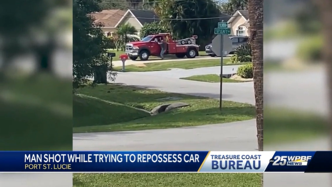 A man punched and then shot a repossession agent as he tried to take a vehicle in the man’s driveway, Florida police said.