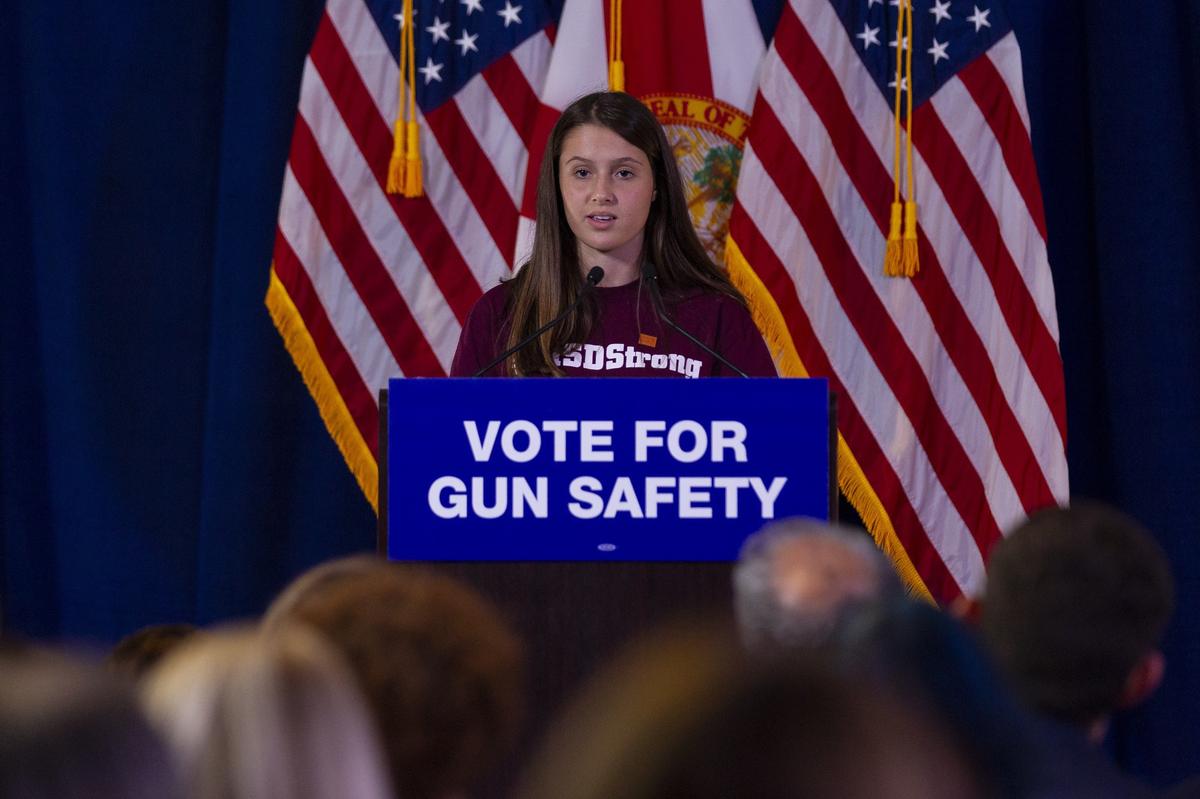 Casey Sherman, a student from Marjory Stoneman Douglas, speaks during a gun safety rally at the Coral Springs Museum of Art on Friday, October 5, 2018. Various speakers attended the discussion, among them were Fred Guttenberg and Manuel Oliver, both parents of students killed in the Parkland shooting. Former New York City Mayor Michael Bloomberg was also in attendance.
