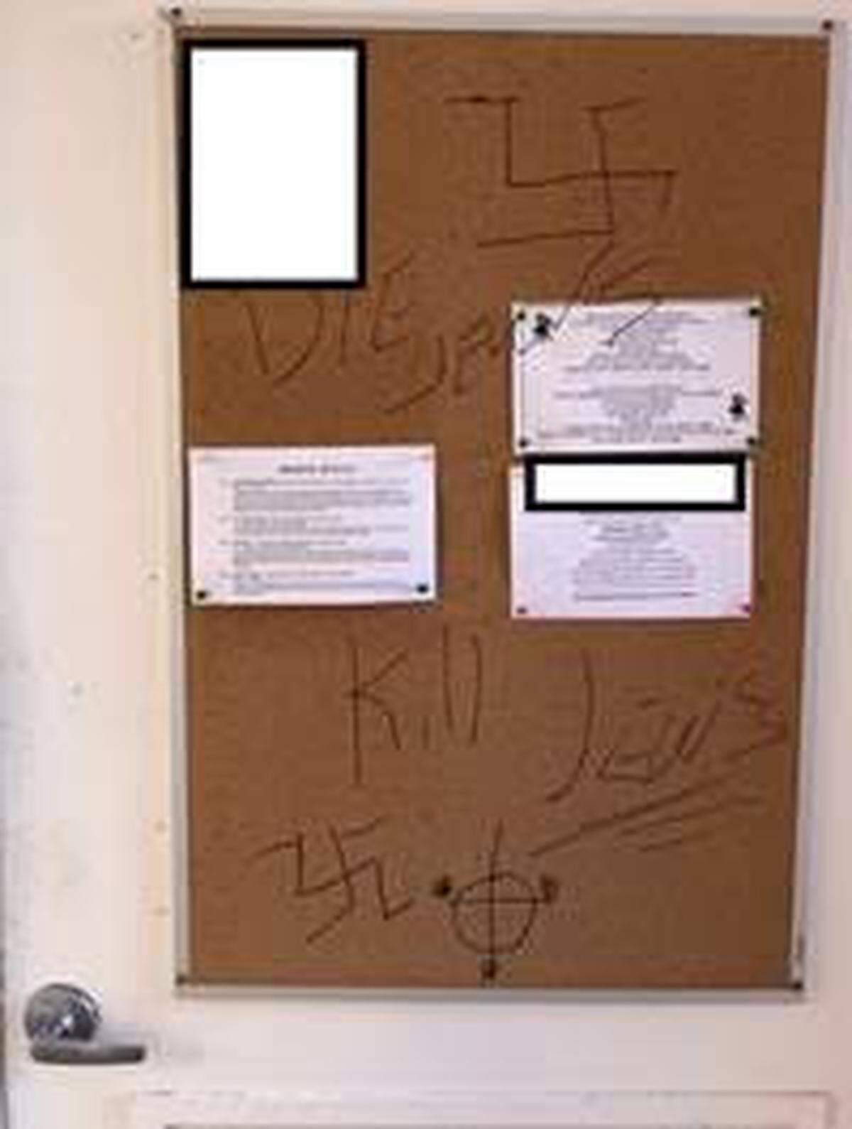 Someone drew swastikas and wrote “Die Jews” and “Kill Jews” on a bulletin board at a Sunrise condominium complex in 2019. The case is one of 91 anti-Semitic incidents in Florida in 2019, according to the Anti-Defamation League.
