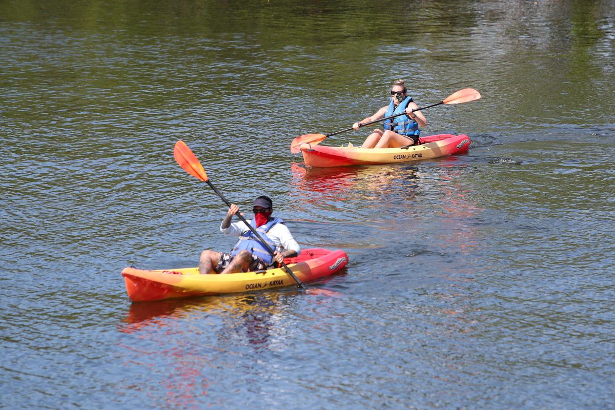 Fabio Terra and Christy Nicastro kayak at George English Park in Fort Lauderdale after the park was reopened on Wednesday, April 29, 2020. ...SOUTH FLORIDA OUT; NO MAGS; NO SALES; NO INTERNET; NO TV...