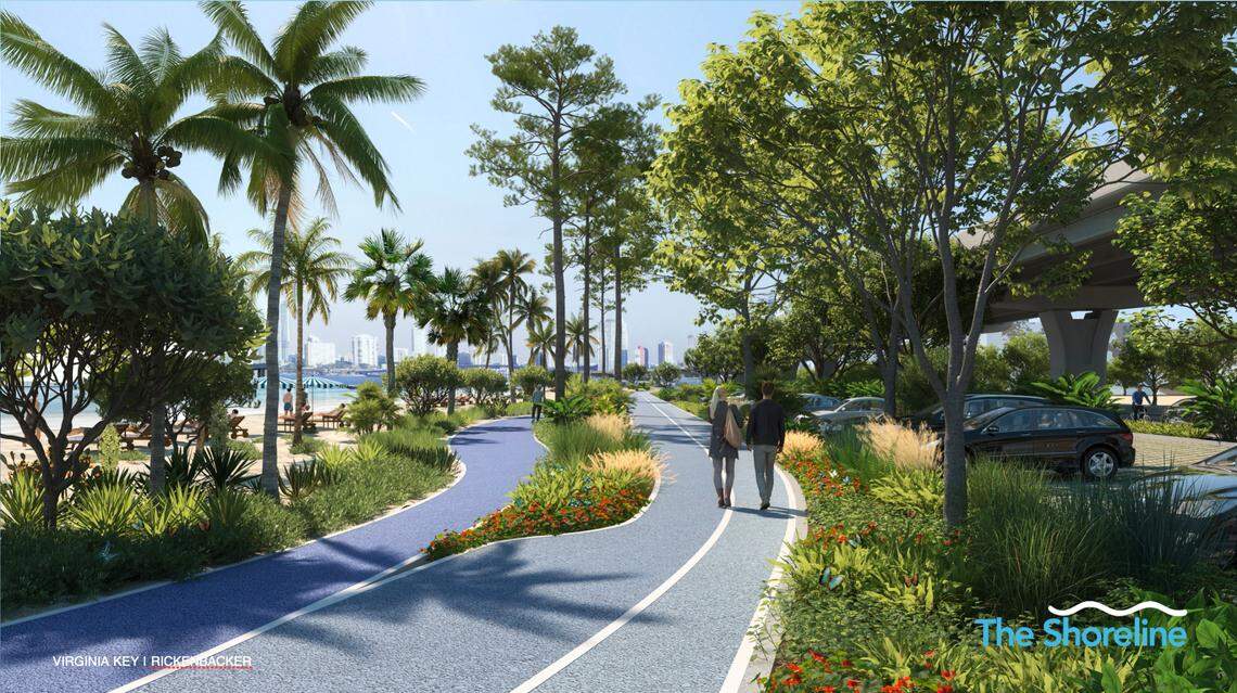 The Shoreline plan, championed by Miami-Dade Commissioner Raquel Regalado, would redesign the Rickenbacker Causeway on Virginia Key by creating express lanes for cars and trucks on a viaduct to Key Biscayne, visible at right, while removing surface asphalt to create acres of expanded beaches, parks and pathways for cyclists and pedestrians.