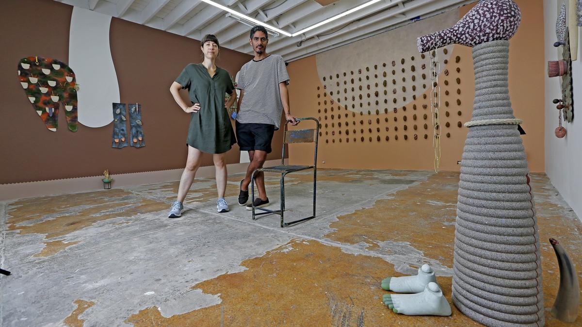 Artist-gallerists Leyden Rodriguez-Casanova and Frances Trombly pose at Dimensions Variable gallery in Miami on Wednesday, May 1, 2019.