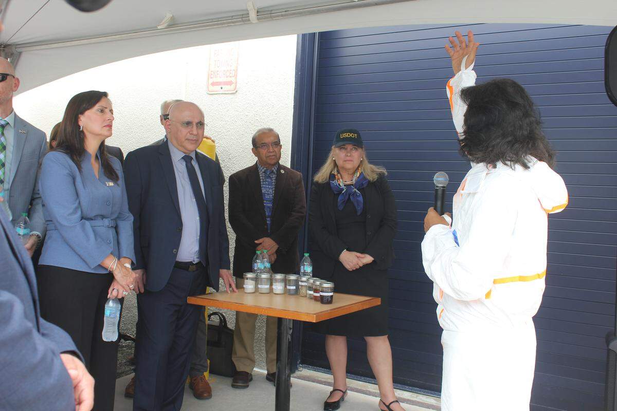 Dr. Atorod Azizinamini presents the findings of a Magnetic Flux Leakage for Cable Inspection scan to a media event audience, including FIU President Jeanette M. Nuñez and Assistant Secretary Seval Oz of the USDOT’s Office of Research and Technology, at Florida International University’s engineering campus on May 29, 2026.