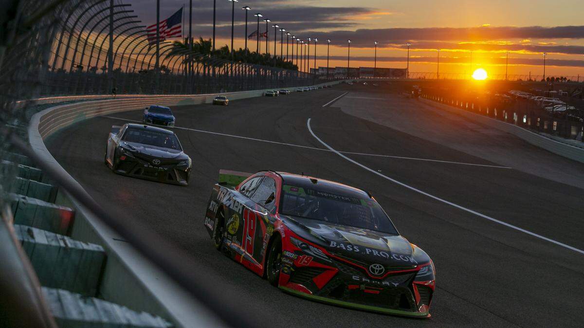 Martin Truex Jr. #19 races during the Homestead-Miami Speedway NASCAR 21st Annual Ford EcoBoost 400 Monster Energy Series in Homestead, Florida on Sunday, Nov. 17, 2019.