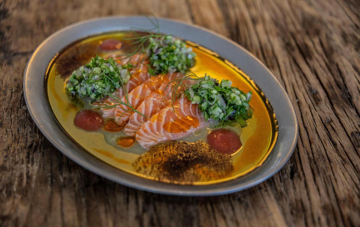 A “fisherman and farmer walked into a kitchen” dish from Chef Raz Shabtai at Mutra restaurant in North Miami.