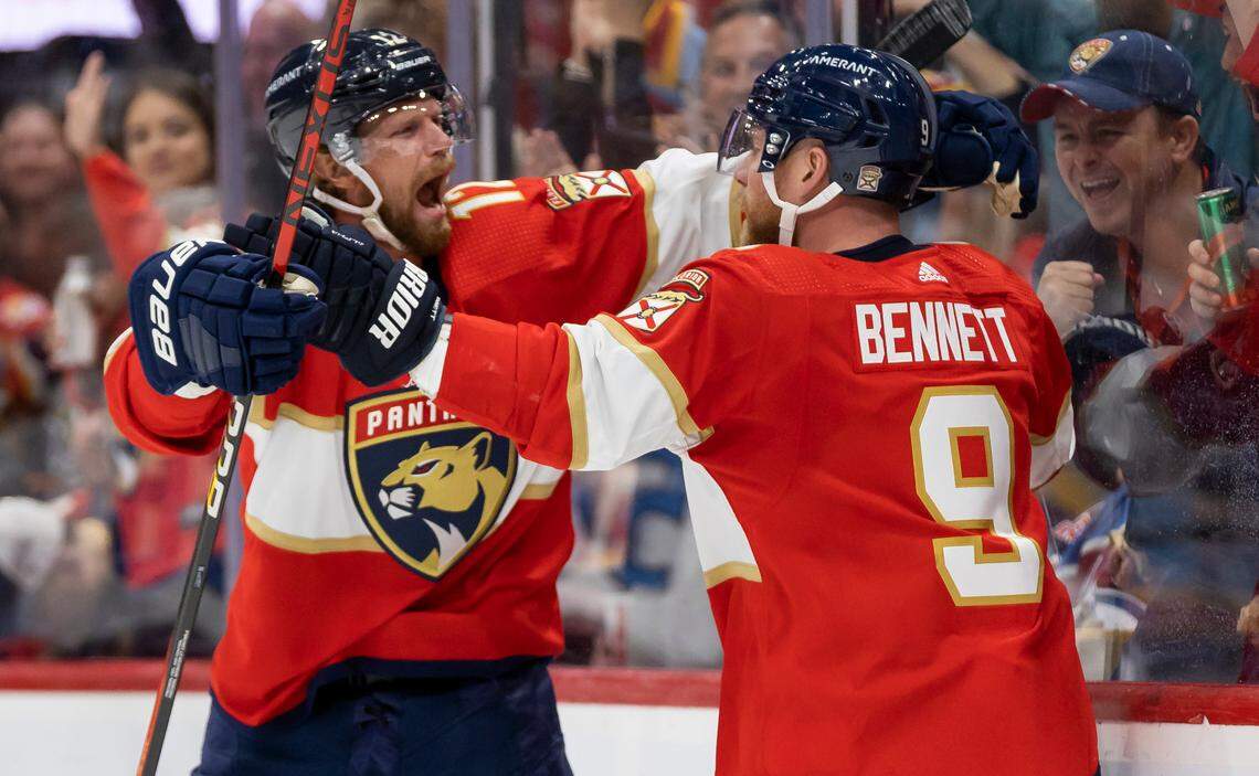 Florida Panthers center Eric Staal (12) and center Sam Bennett (9) celebrate after scoring a goal against the Colorado Avalanche during the second period of an NHL game at the FLA Live Arena on Saturday, Feb. 11, 2023, in Sunrise, Fla.