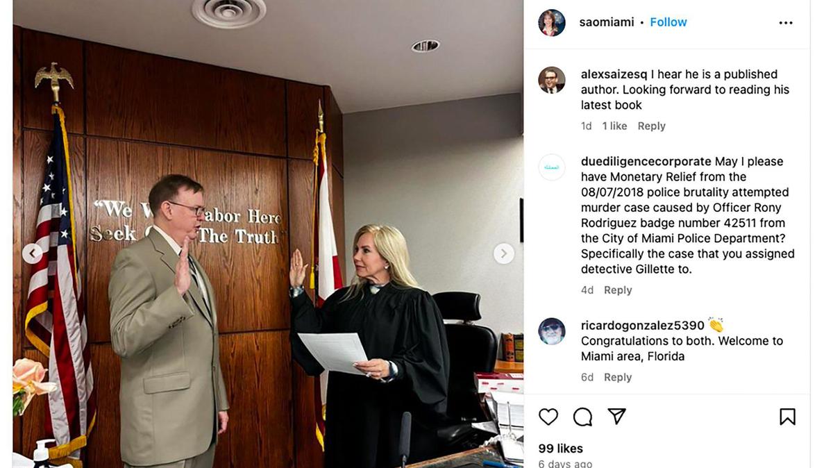 Photo of Steve Gosney, left, being sworn in as an assistant state attorney by Judge Cristina Miranda, right, in a post shared on the official State Attorney Office Instagram account.