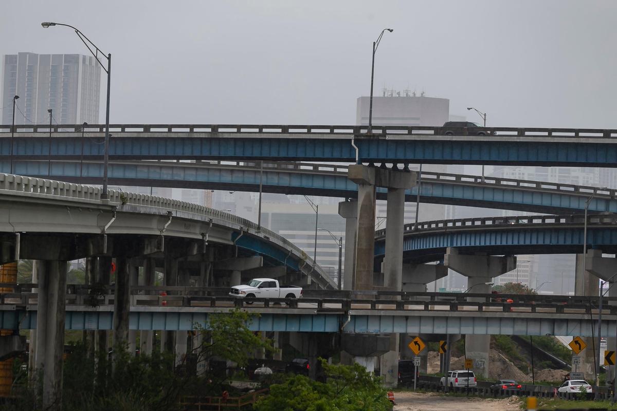 Cars pile up during a traffic jam heading south on Interstate 95 in Miami, Florida on Friday, February 7, 2020.