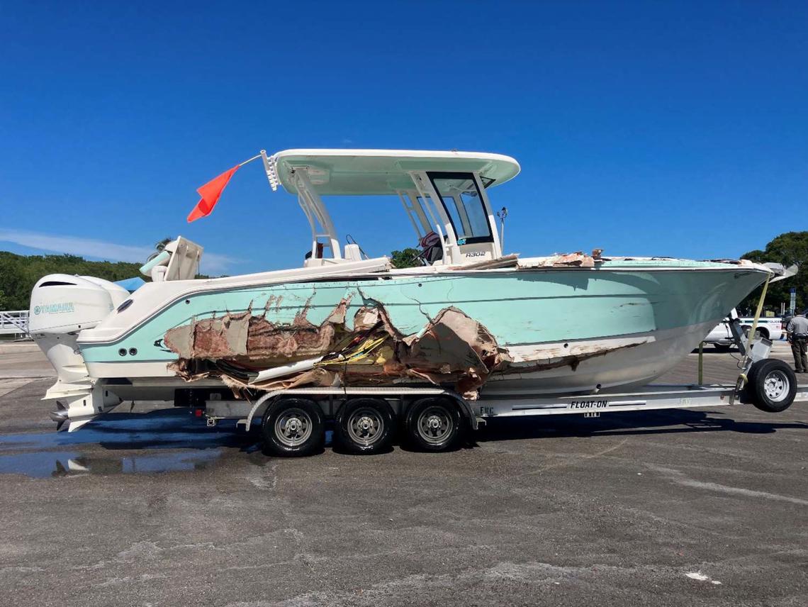 Damage to the 29-foot Robalo piloted by George Pino, who crashed his boat into a concrete channel marker in Biscayne Bay on Sept. 4, 2022. The boat crash led to the death of Lucy Fernandez, a 17-year-old student at Our Lady of Lourdes Academy and severely injured her classmate, Katerina Puig.