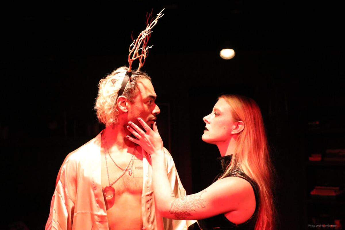 Mothman (Mairi Chanel) takes a shine to the Stag (Richard Lewis) in “Ragweeds” at LakehouseRanchDotPNG in Miami Lakes.