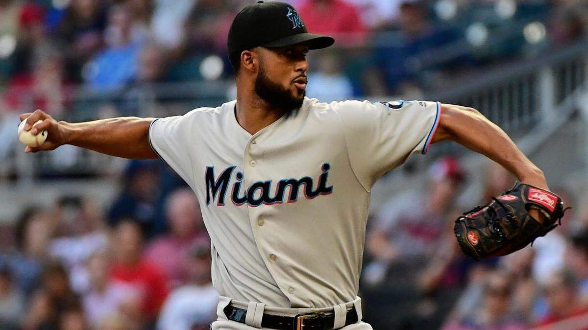 The Miami Marlins’ Sandy Alcantara pitches against the Atlanta Braves on Thursday, Aug. 22, 2019, at SunTrust Park in Atlanta.