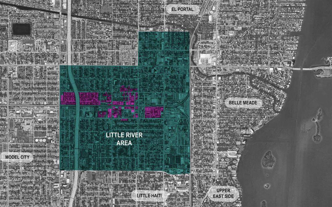 Una amplia propuesta de reurbanización que cubre las propiedades sombreadas en violeta en este mapa traería 5,000 apartamentos asequibles y para trabajadores, tiendas y una nueva estación Tri-Rail a los barrios de Little River y el Pequeño Haití de Miami.