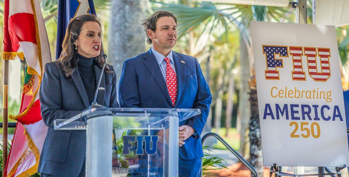 Florida International University President Jeanette Nuñez introduces Florida’s Governor Ron DeSantis during the unveiling ceremony of a statue of former President Ronald Reagan, by Cuban American artist Carlos Enrique Prado on Feb. 6, 2026.