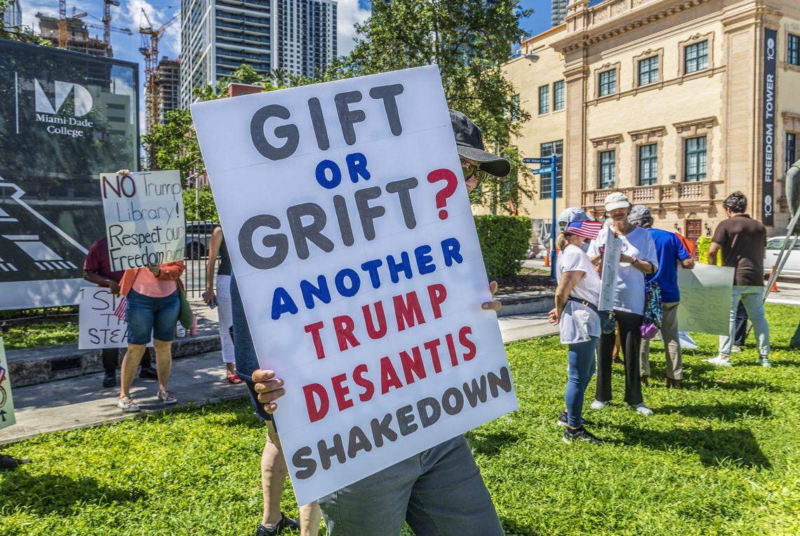A group of people attended a protest next to the Freedom Tower, lead by Retired Prof. Marvin A Dunn against giving Miami Dade College property to be used for the Trump presidential library on Monday September 29, 2025.