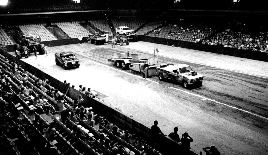 A dragster pulls weighted sled at the Sportatorium.