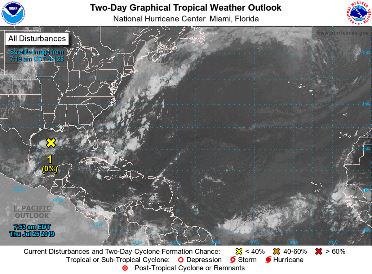 National Hurricane Center’s tropical weather outlook for July 25, 2019, shows a front in the Gulf but it isn’t expected to develop.