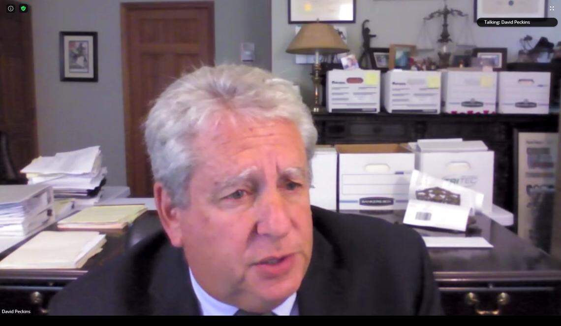 Miami lawyer David Peckins, who represents accused child killer Jorge Barahona, during a Zoom court hearing on Nov. 10, 2020.