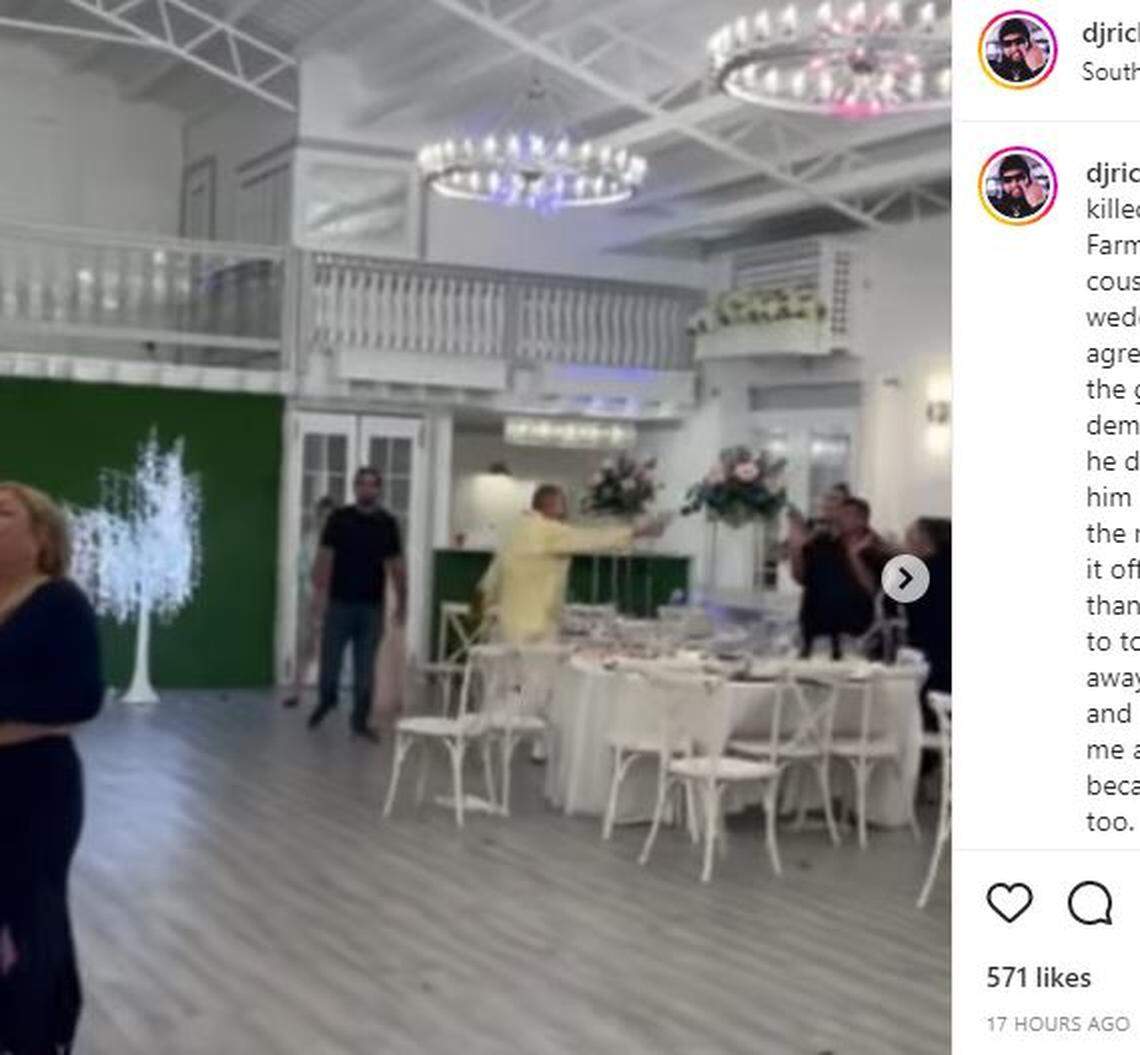 The yellow-shirted man, who djrichhomiejon says is Cielo Farms Nursery owner Miguel Rodriguez Albisu, appears to be pointing his gun in the direction of the DJ stand.
