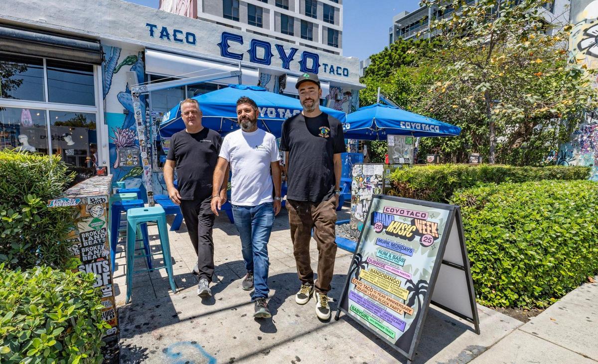 Coyo Taco co-founders and owners chef Scott Linquist, Alan Drummond and Sven Vogtland outside the Wynwood Coyo Taco.