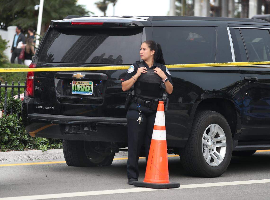 SUNNY ISLES, FLORIDA - MAY 12: A Sunny Isles Beach police officer works near the black Suburban SUV that reports say is the vehicle rapper NBA Youngboy was riding in when a shooting took place on May 12, 2019 in Sunny Isles, Florida. Police continue to investigate the scene in front of Trump International Beach Resort. (Photo by Joe Raedle/Getty Images)