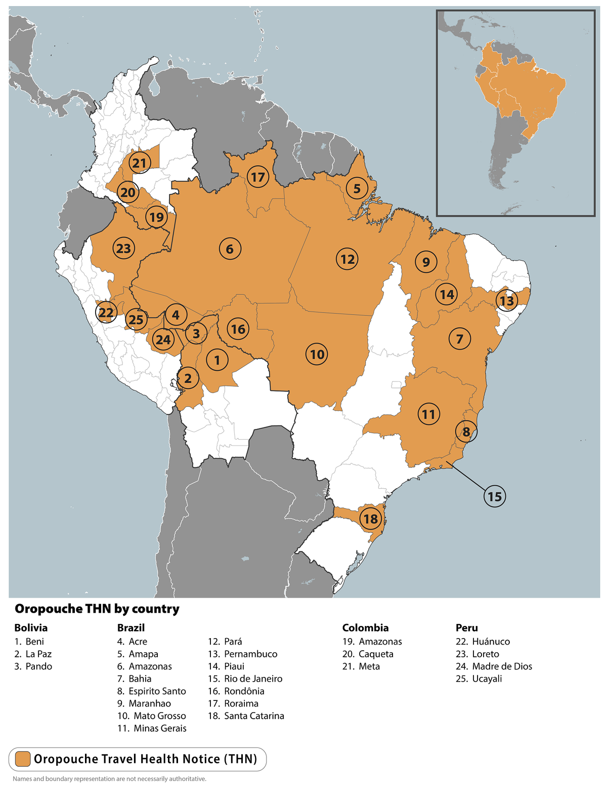 A CDC map shows areas in South America that have reported cases of Oropouche.