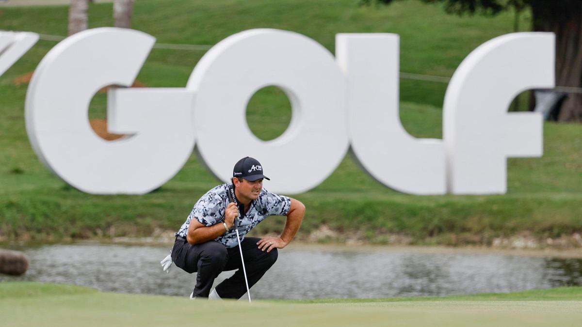 Patrick Reed, of the 4Aces GC, lines up a shot during LIV Golf Miami at Trump National Doral in Doral, Florida on Friday, April 4, 2025.