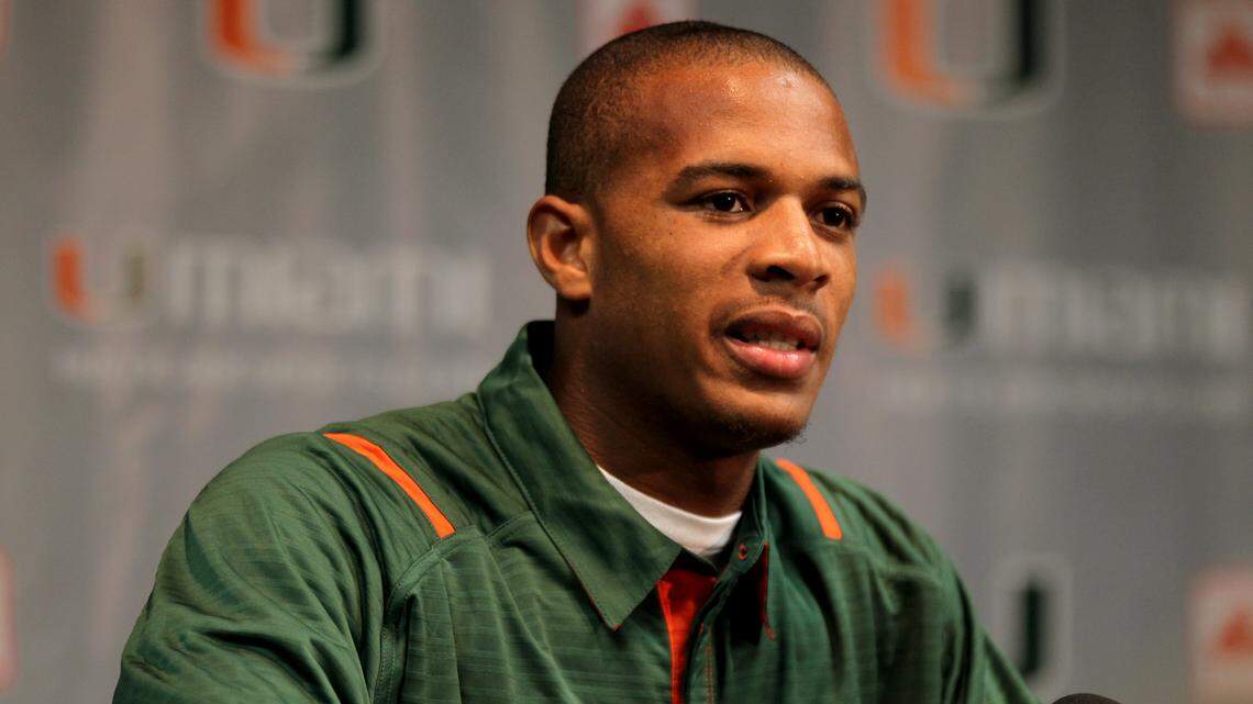 Former Miami defensive back Brandon Harris hits the ground as Florida coach