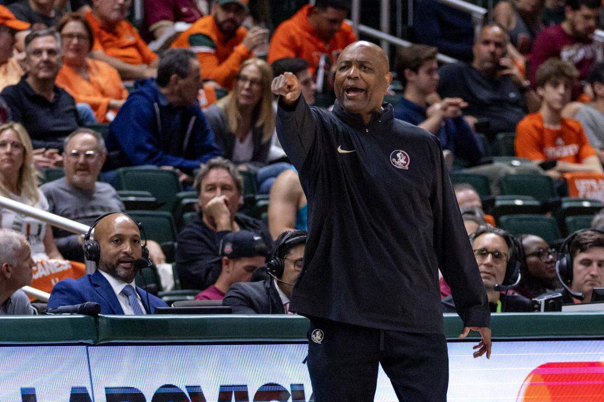 Florida State Seminoles Head Coach Leonard Hamilton speaks to players from the sidelines during the second half of an NCAA basketball game against the Hurricanes at the Watsco Center in Coral Gables, Florida, on Wednesday, January 17, 2024.