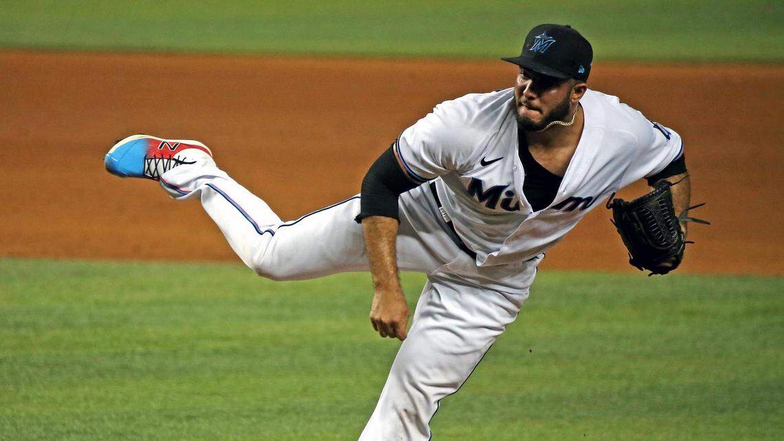 Miami Marlins Yimi Garca (93) in the ninth inning as they play the Toronto Blue Jays at loandepot park in Miami, Florida, June 22, 2021.