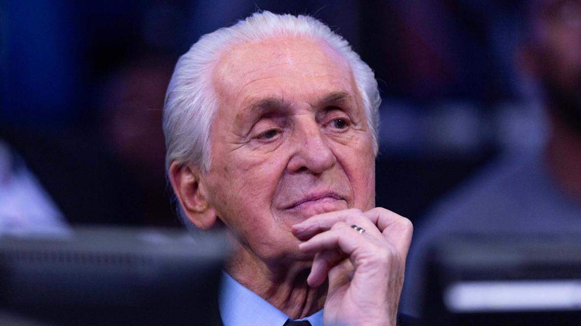 Miami Heat President of the Miami Heat Pat Riley looks on during the second half of Game 4 of the Eastern Conference NBA Playoffs against the Cleveland Cavaliers at Kaseya Center on April 28, 2025, in Miami.