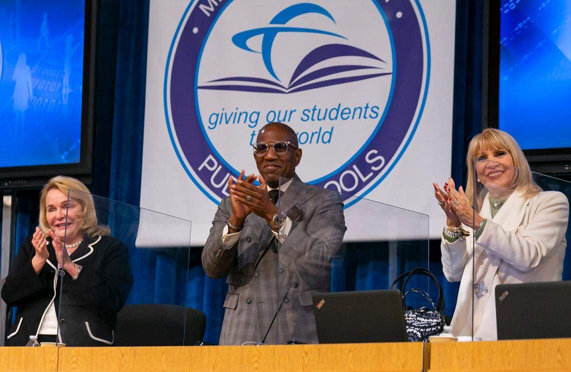 Perla Tabares Hantman (left) with school board members Steve Gallon III and Mari Tere Rojas. “She was a very elegant lady, very classy, with a lot of grace and integrity and she set a standard of leadership,” said Rojas of Hantman, who died Monday in Miami.