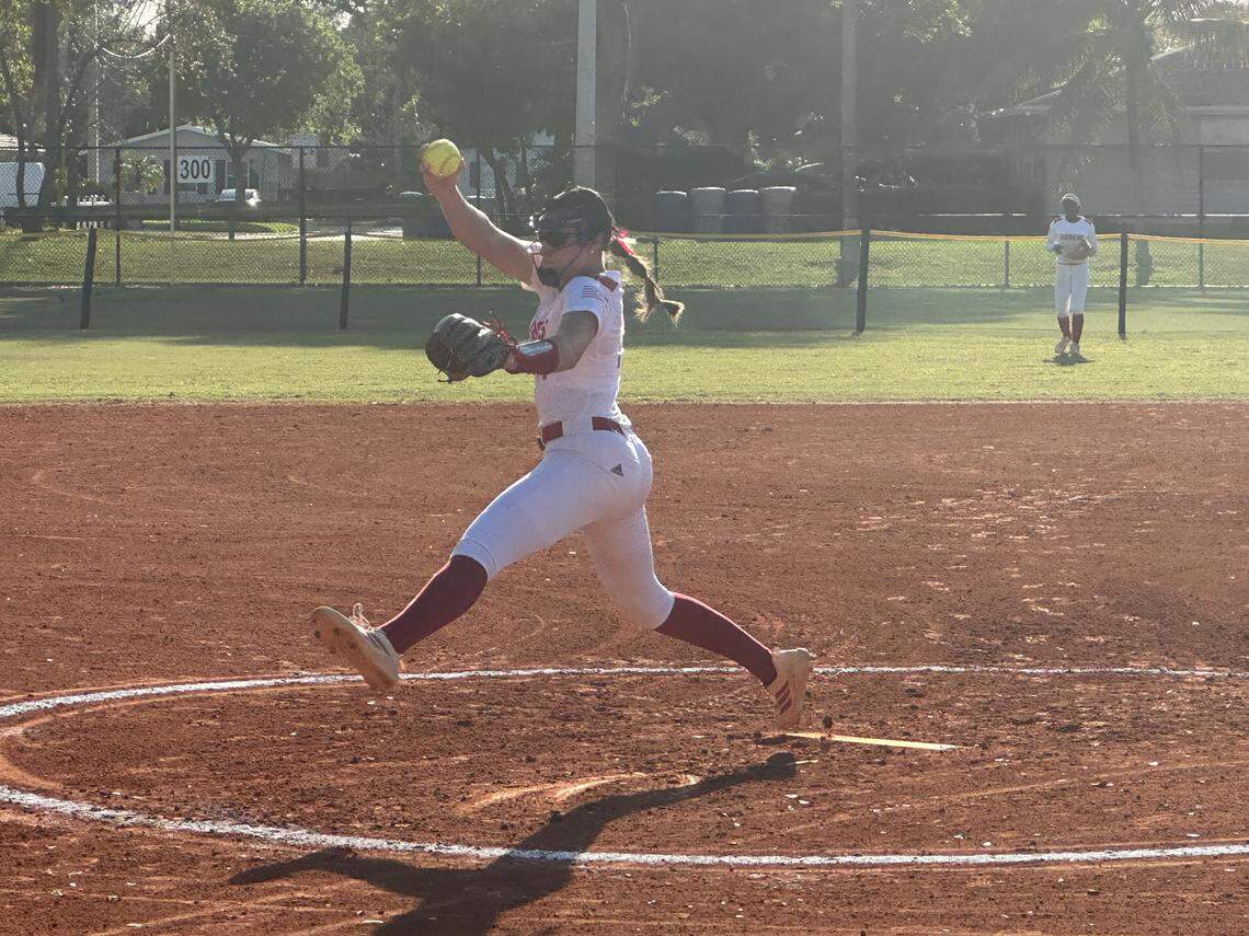 Cardinal Gibbons’ Lydia Berent pitches for the Chiefs in the BCAA Big 8 softball championship game at Pompano Four Fields Park on Wednesday night.