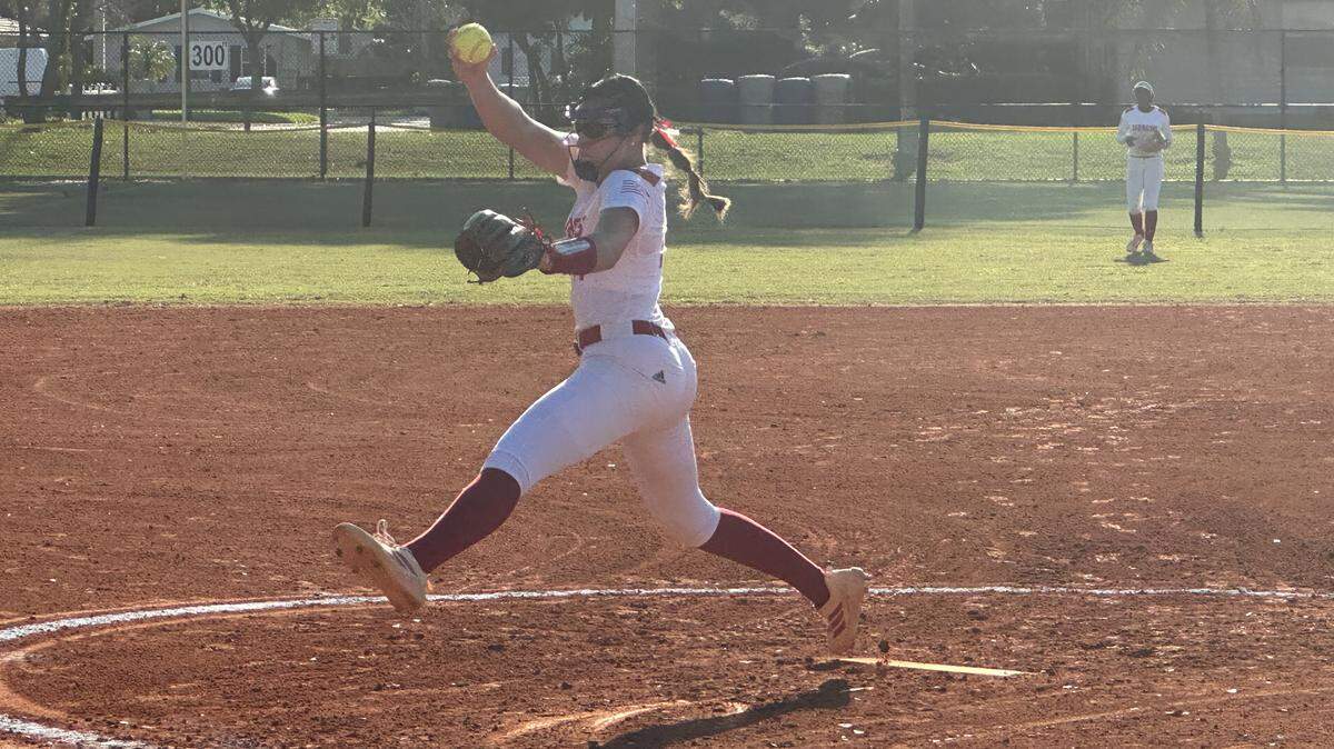 Cardinal Gibbons’ Lydia Berent pitches for the Chiefs in the BCAA Big 8 softball championship game at Pompano Four Fields Park on Wednesday night.