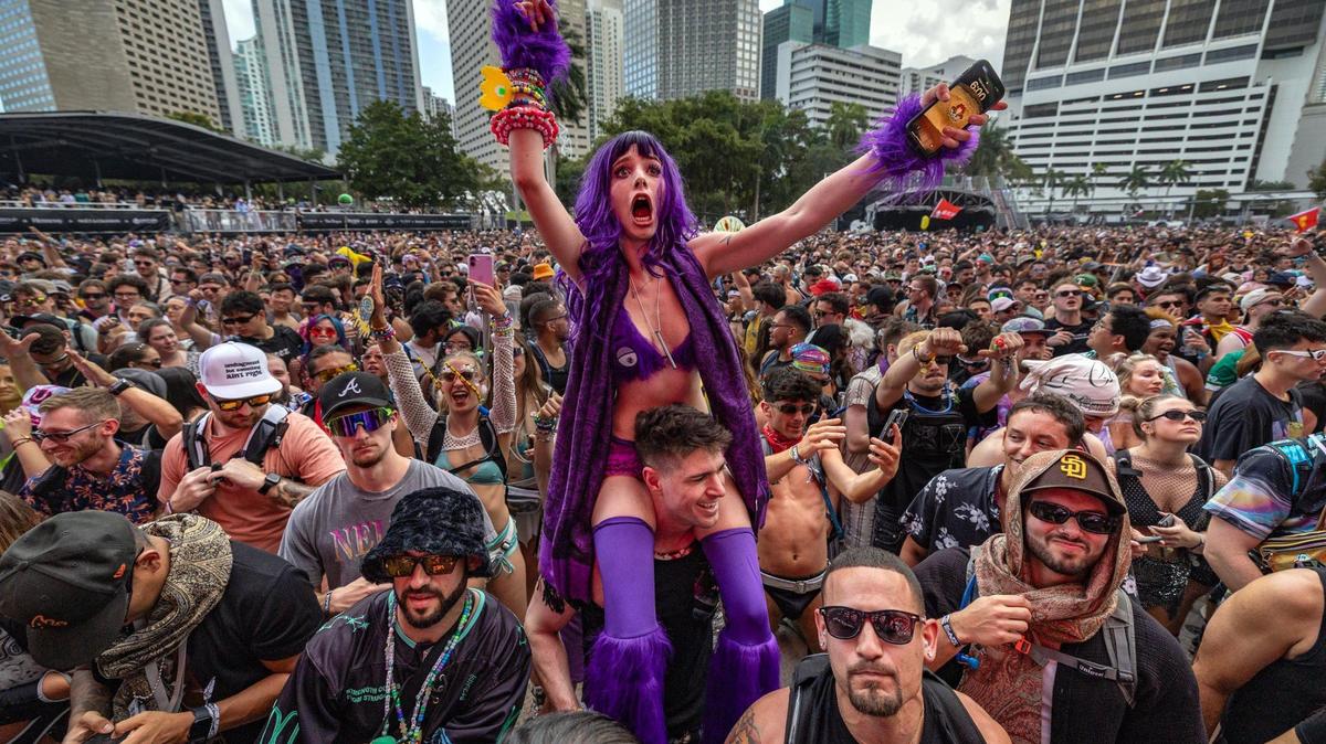 Kiki Willow reacts during a performance by Subtronics during Ultra Music Festival’s 25th anniversary at Bayfront Park, in Miami, Florida, on Friday, March 28, 2025.