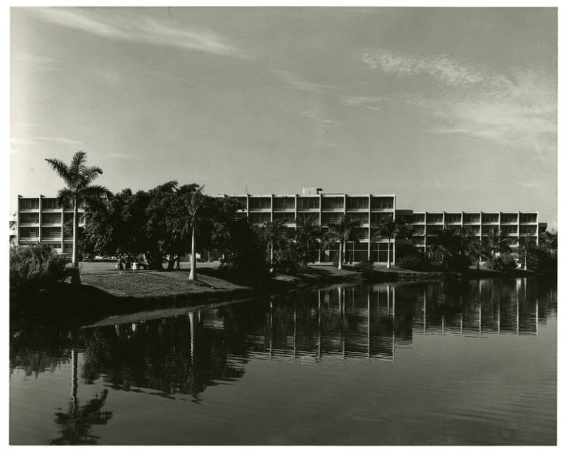 A 1961 photograph shows the egg-crate facade and shaded windows that are architectural features of what was then known as Eaton Hall, on Lake Osceola at the center of the University of Miami’s Coral Gables campus.