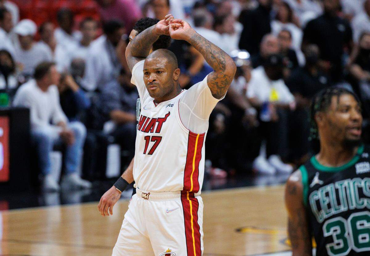 Miami Heat forward P.J. Tucker (17) reacts after a play against the Boston Celtics during the third quarter of Game 5 of the NBA Eastern Conference Finals series at FTX Arena in Miami on May 25, 2022.