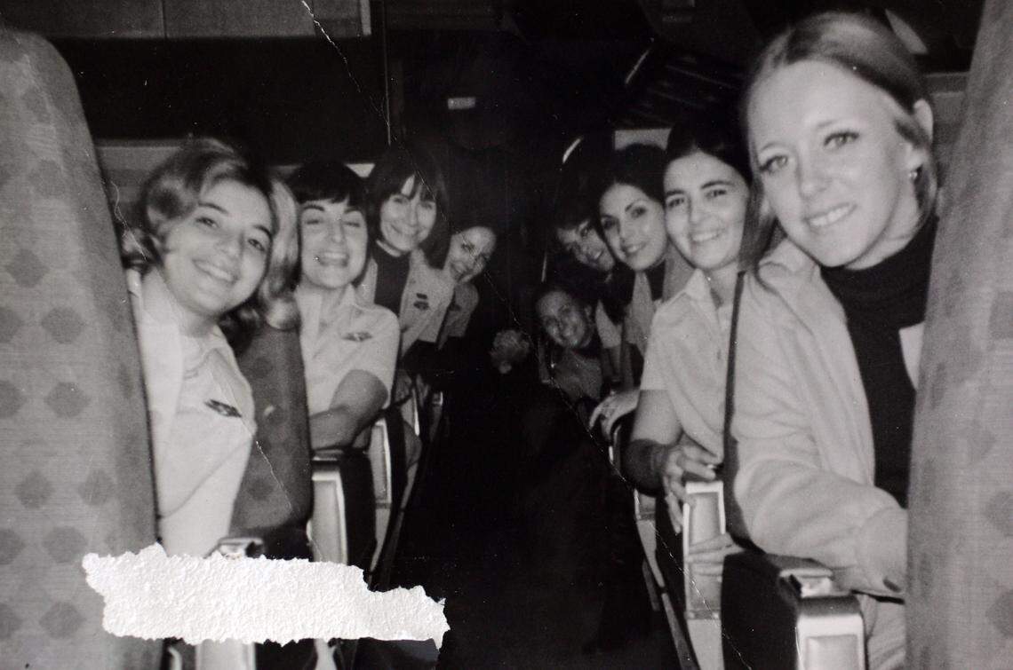0/24/07 - Photo courtesy of Beverly Raposa - Sunrise - Dec. 29, 1972 photo (taken the morning before the flight) of Flight 401 Eastern Airlines flight attendants, from left: Patty George, Dottie Warnock, Adrianne Hamilton, Trudy Smith, Stephanie Stanich (died), Patricia Ghysells (died), Mercy Ruiz, Beverly Raposa, and Sue Tebbs. Raposa, along with eight other crew members and 75 passengers, survived the Dec. 29, 1972 crash in the Everglades. The flight claimed 101 lives. For story on the 35th anniversary of the crash.