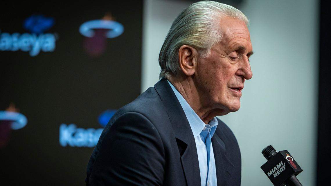 Miami Heat President Pat Riley speaks to the media during the season ending press conference at the Kaseya Center on Tuesday, June 20, 2023 in Miami, Fla.